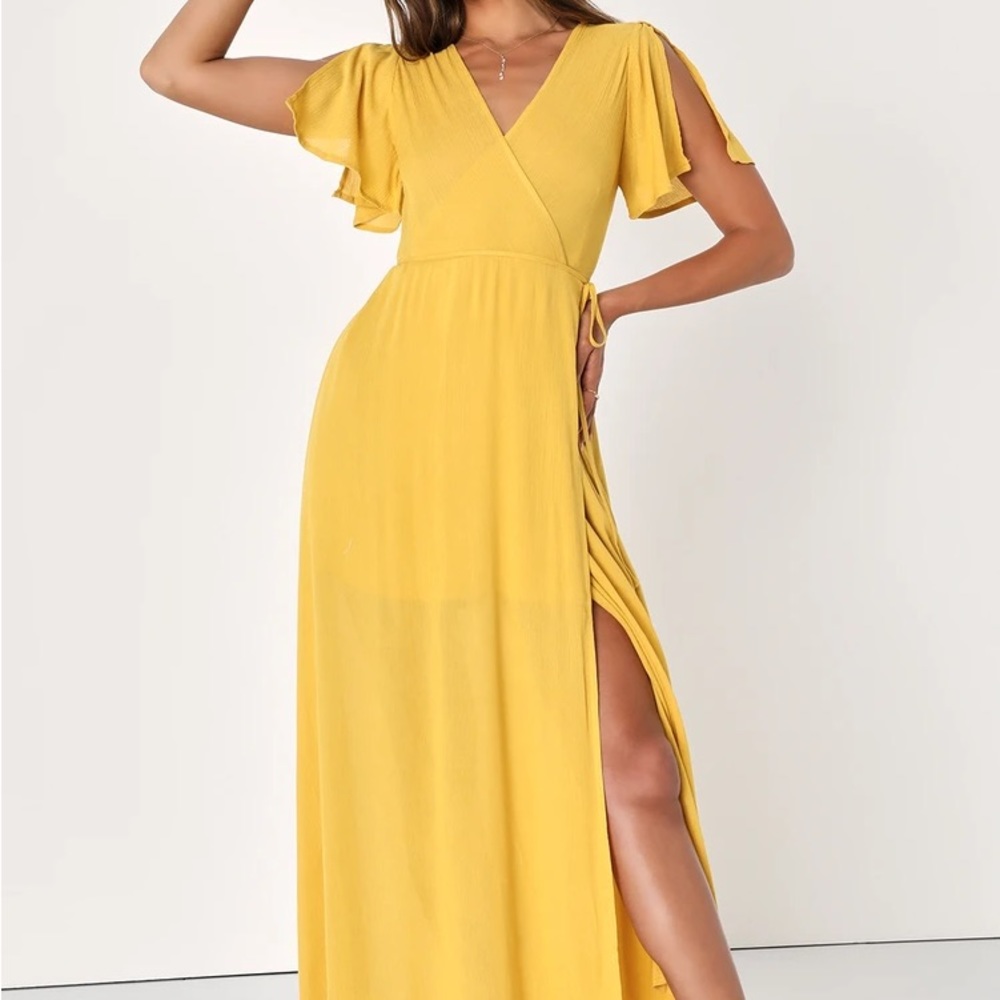 Yellow Wrap Maxi Dress with Flutter Sleeves
